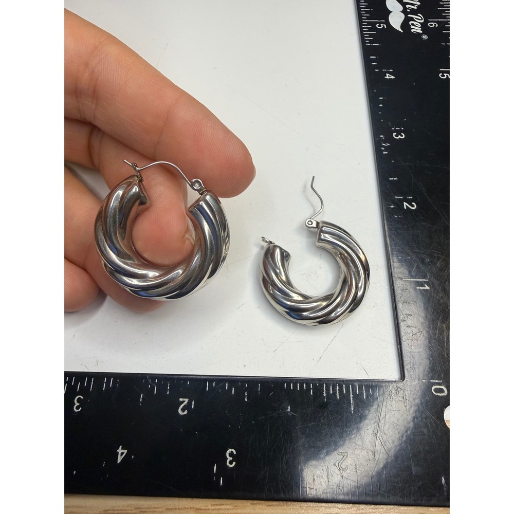 Silver Tone Twisted Hoop Earrings Chunky Croissant Spiral Latch Back 1.25 Inch